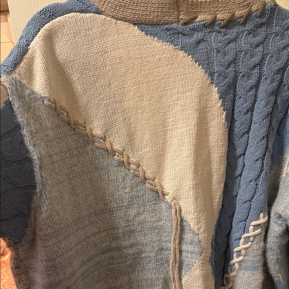 POL Patchwork Cable-Trim Cardigan - Blue, Cream &… - image 6